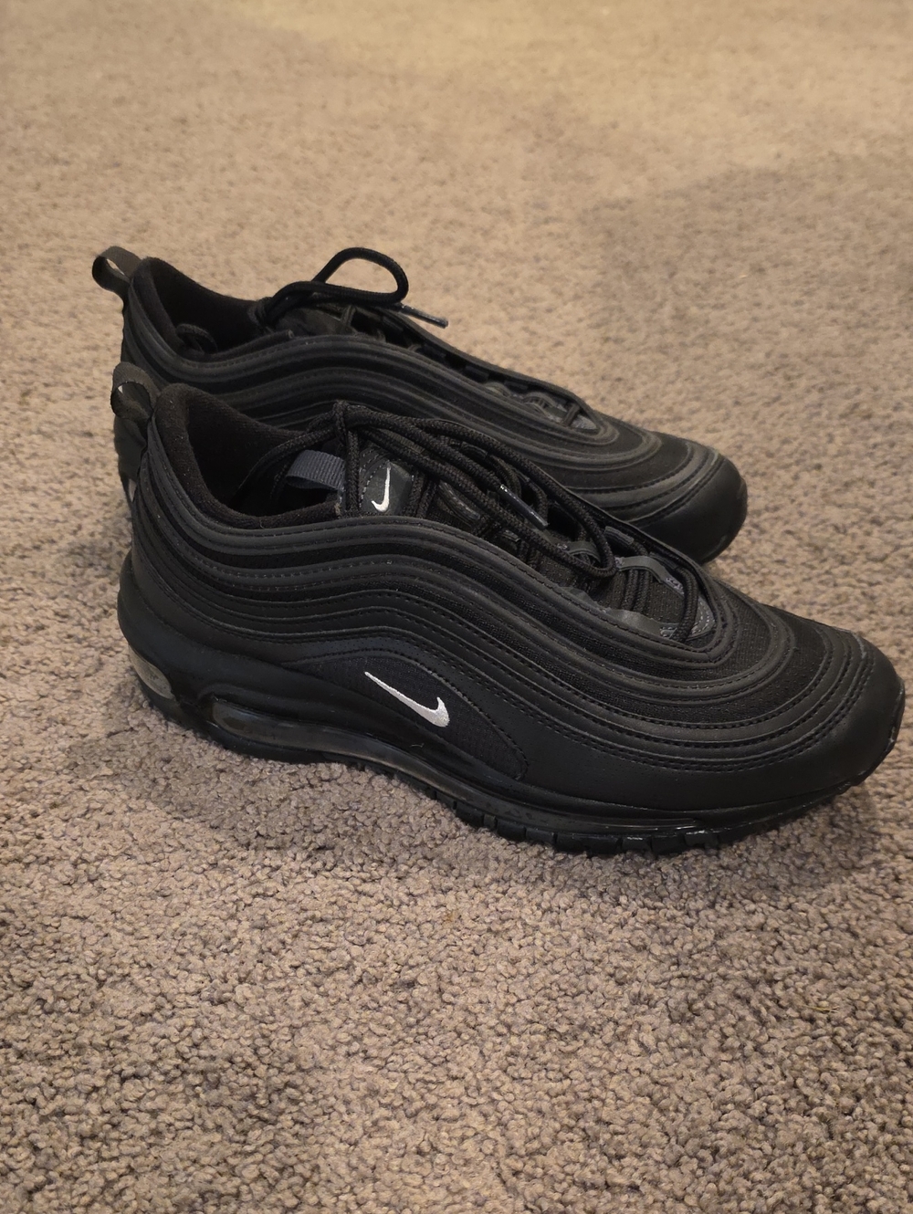 Nike Men’s Air Max 97 GS Triple Black Sneakers - Black with White Swoosh